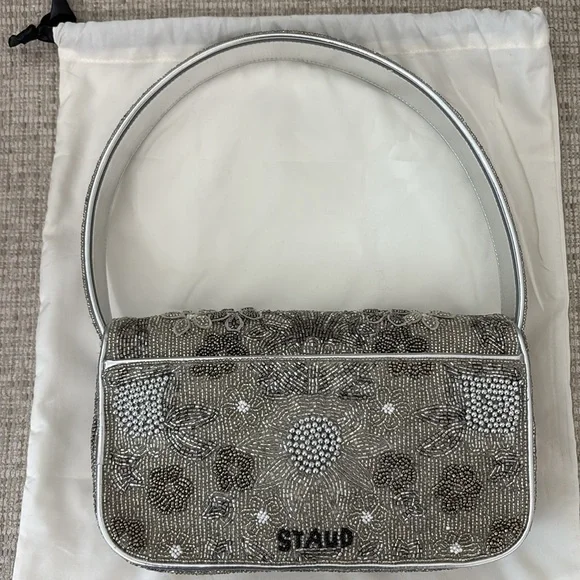 STAUD Tommy Beaded Flap Shoulder Bag (NWOT) - Silver Garden Party
